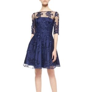 Monique Lhuillier Navy Dress Floral Lace Embroidered Cocktail Dress Size 4